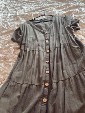 Tiered V-Neck Maxi Dress with Button Front - Olive